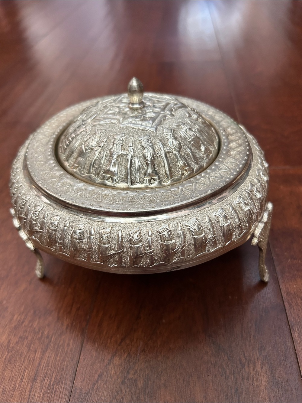 Vintage Persian Decorative Embossed Silver-Tone Covered Caviar Serving Dish
